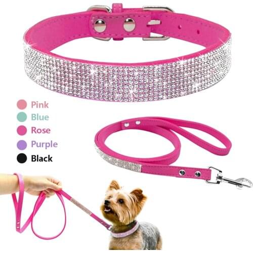 Didog Suede Leather Puppy Dog Collar Leash Set Adjustable Rhinestone Cat Collars Walking Leashes For Small Medium Pets XS S M