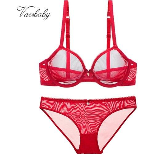 Varsbaby sexy big red see-through yarn lingerie set rhinestone bow transparent bra and panty set