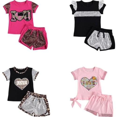 2-7Y Toddler Kids Baby Girls Clothes 2pcs Outfits Short Sleeve Sequins Hearts Print T-shirt+Shorts Pants Children Summer Outfits