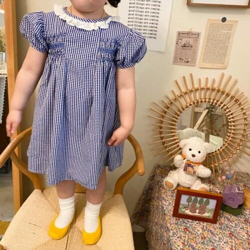 2021 Summer Girl Plaid Slalom Short-Sleeve Leaf-Edge Dress girls dress girls clothes baby girl dress