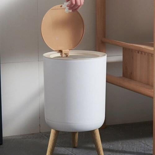Fashion High Foot Imitation Wood Dustbin Round Desktop with Press Cover Trash Can Living Room Toilet Kitchen Garbage Bucket