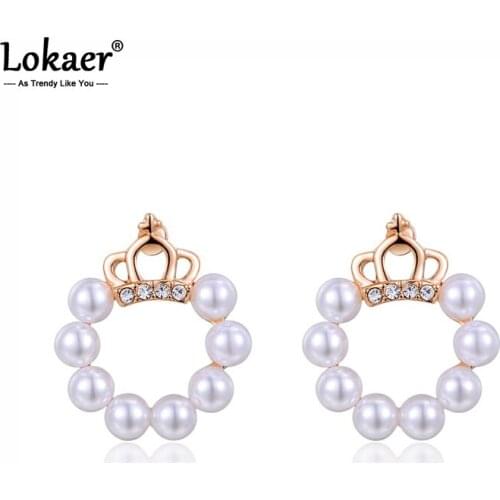 Lokaer Trendy Rose Gold White Simulated Pearl Earrings Pave Setting Rhinestone Crown Earrings For Women Girls Jewelry E15002
