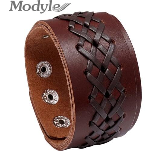 Modyle New Fashion Punk Vintage Bracelets Black Brown Genuine Leather Wristband Bracelets Bangles for Men Wholesale