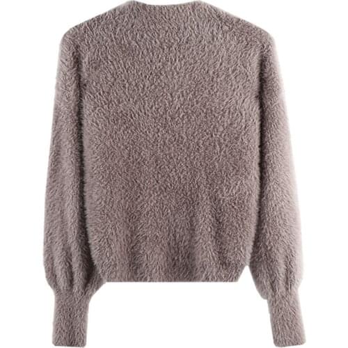 VSUE Women Pullovers Sweaters Winter Knitted Warm Casual Solid Mohair Stand Collar White Fuchsia Brown M0380