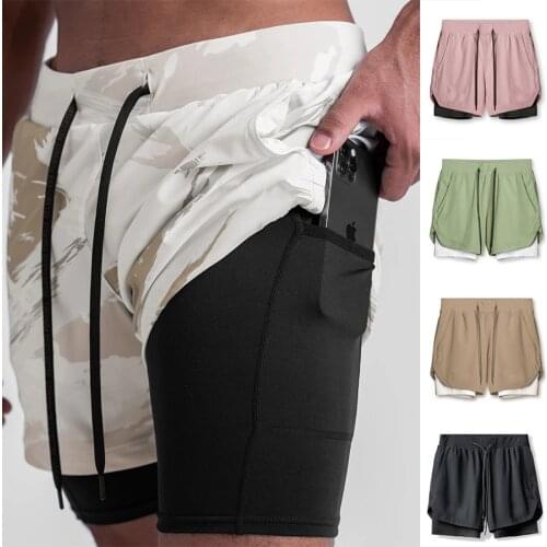 New fashion Jogger Shorts Men 2 in 1 Short Pants Gyms Fitness Built-in pocket Bermuda Quick Dry Beach Shorts Male Sweatpants
