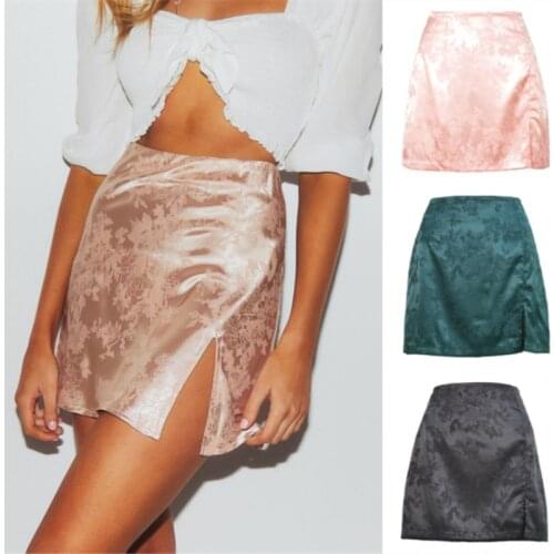 2021 Spring Summer Womens Clothing European American Split Skirt Sexy Jacquard Satin High Waist Zipper Skirt Pink