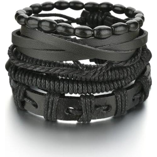 Vintage Black Bead Multilayer Leather Bracelet Men Fashion Braided Handmade Rope Wrap Bracelets & Bangles Male Gift