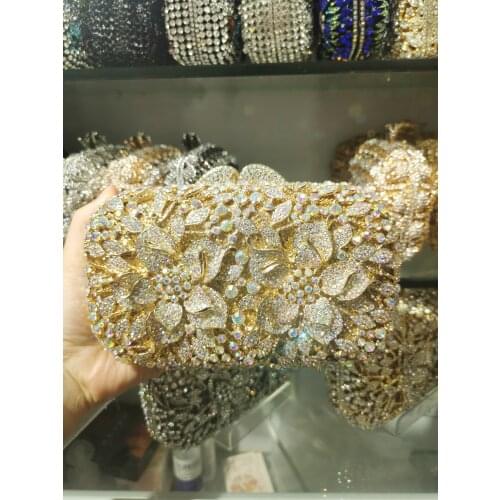 XIYUAN Women Rose Gold Stones Flower Hollow Out Crystal Evening Clutch Metal Clutches Small Minaudiere Handbag Purse Wedding Box