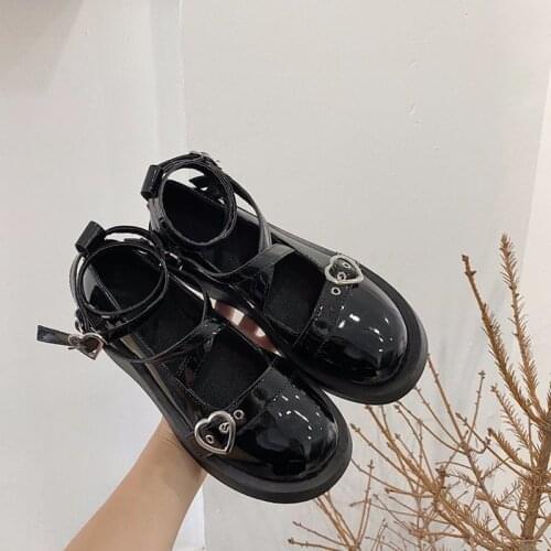 Japanese Black Platform JK Small Leather Shoes College Style Bright Leather Goth Shoes Heart-Shaped Accessories Mary Jane Shoes