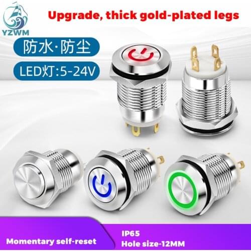 Yzwm 12mm 16mm Reset Self-locking Metal Button Switch with LED Lamp DC 5 12 24 V Small Micro Motion Waterproof and Dustproof