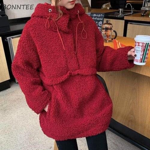 Women with Hat Hoodies Loose Plus Velvet Thicker Loose Warm Winter Lovely Student All-match Ladies Sweatshirts Stylish Ulzzang