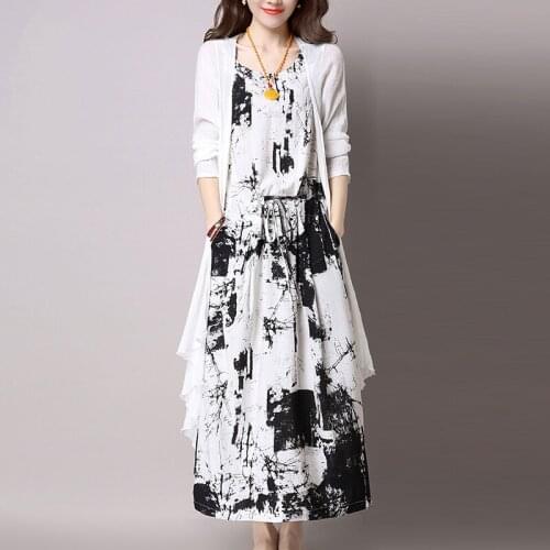 Cotton And Linen Dresses Suit Plus Size 5XL Spring Loose National Style Printed Vest Dress+Cardigan Jacket Two-piece Set W2167