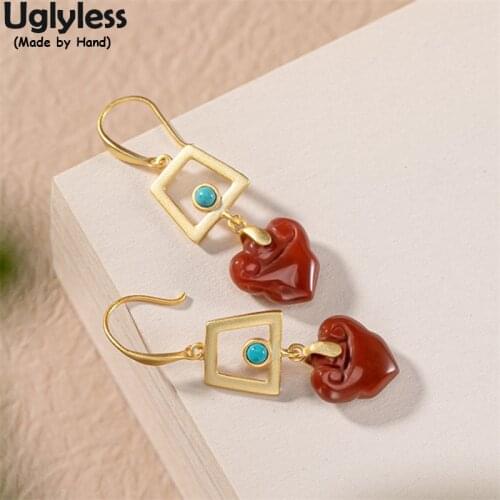 Uglyless Heart-shape Agate Earrings Women Trapezoid Square Hollow Earrings Charming Eastern Jewelry 925 Silver Turquoise Jewelry