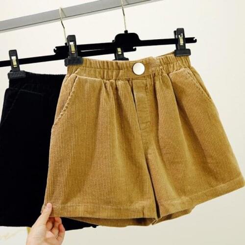 Fall Winter Fashion Woman Lady Korean Wide Leg Khaki Black Corduroy Shorts , Casual Autumn Spring Female Loose Shorts