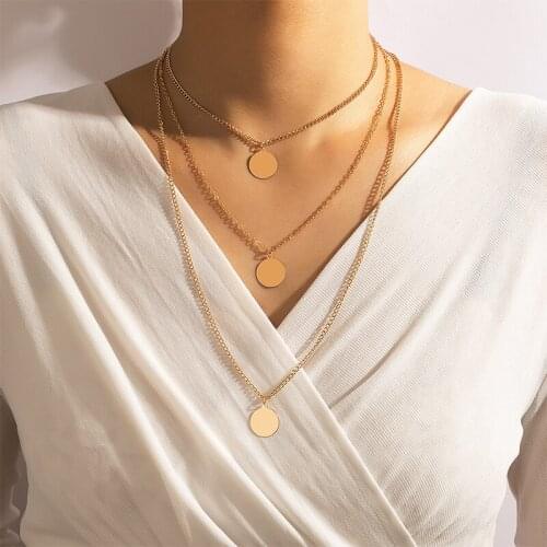 HuangTang Multilayer Stone Letter Pendant Necklace for Women Boho Gold Color Alloy Metal Wafer Clavicle Chain Trendy Jewelry