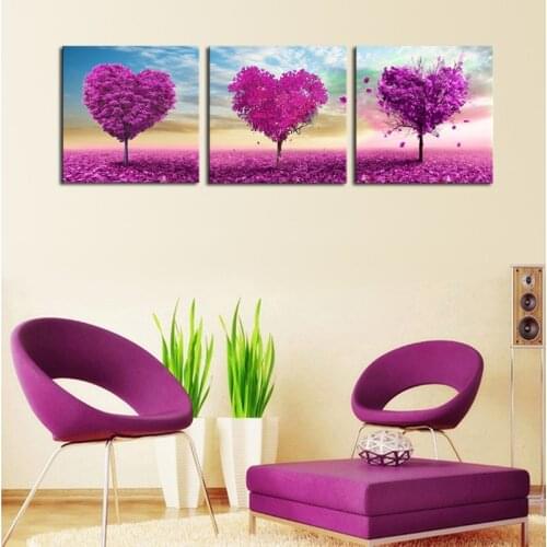 3 Sets Purple Loving Heart Trees Canvas Painting Large Modular Pictures Painting Wall Pictures For Living Room Unframed