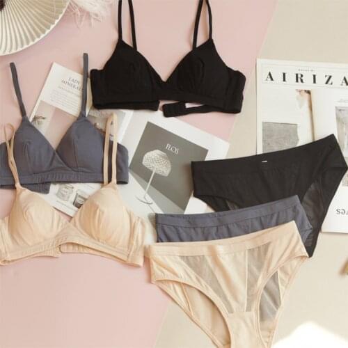 Sexy bralette set solid sweat-absorbent thin section padded bra triangle cup wirefree seamless breathable underwear set