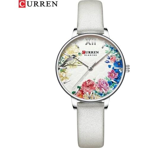 CURREN White Leather Watch for Women Watches Fashion Flower Quartz Wristwatch Female Clock Reloj Mujer Charms Ladies Gift