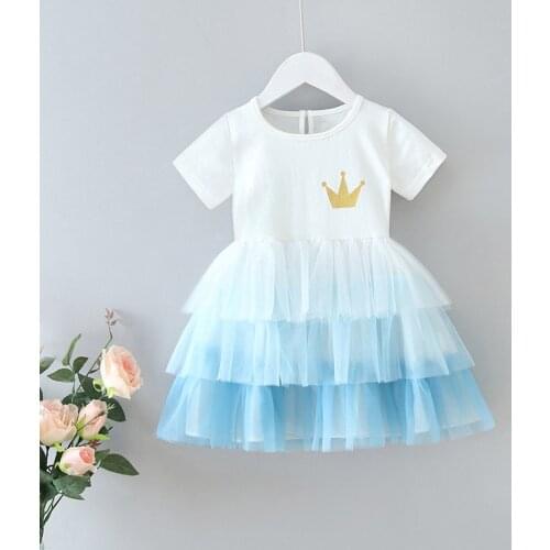 Kids Girls Mesh Layered TUTU Dress Crown Princess Ballet Dance Ballerina Dress Pink Blue Costume