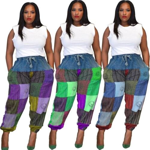 European and American sexy womens denim imitation cotton positioning printing stitching casual pants trousers women