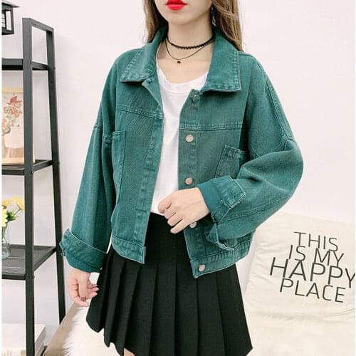Korean Fashion Candy Color Jean Jacket Women Vintage Loose Short Denim Coat Female 2021 Autumn Casual Outwears POLO Collar Top