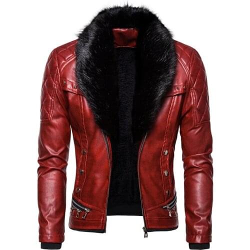 Newest Punk Leather Jacket Men Thick Rivet Design Motorcycle Biker Leather Jacket Male Fur Collar Windproof Coat