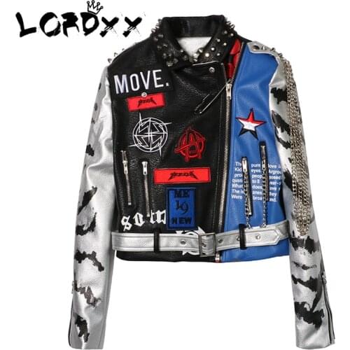 LORDXX Jacket Autumn Women Long Sleeve 2018 Fashion Stud Turn-down Collar Faux Leather crop Jackets ladies Zipper Coat Tops