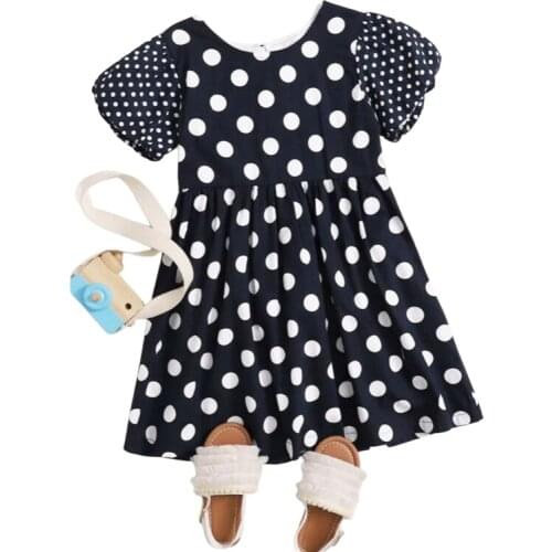Hot Summer Girls Long Dress Polka Dot Print Crew Neck Short Flare Sleeve Ruffle Dress Kids Girls Casual Dresses