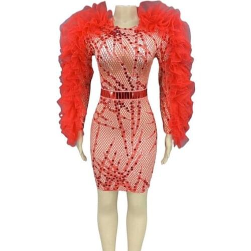 Fashion Lantern Sleeve Plaid Dress Women Birthday Celebrate Prom Party Outfit Nightclub Bar Stage Costume Shiny Rhinestone Dress