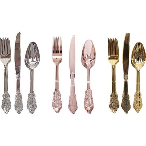 12PCS Disposable Imitation Metal Plastic Gold Silver Carved Embossed Disposable Cutlery Western Wedding Party Tableware Set