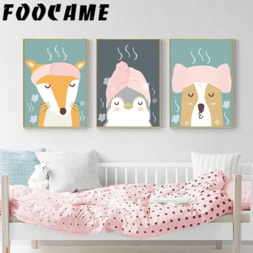 FOOCAME Penguin Fox Sauna Cartoon Animal Poster Print Kids Room Decoration Pictures Nursery Wall Art Canvas Painting Living Room