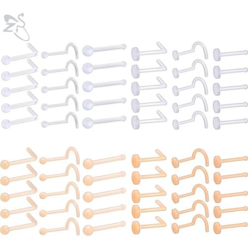 ZS 10-60pcs/lot Bioflex Acrylic Nose Piercing Women Men 2/3MM Clear Skin Color Nose Retainer 3 Shapes Nostril Piercing Jewelry