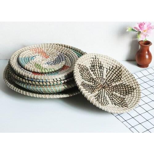 Boho Straw Woven Wall Decor Ornaments Natural Seagrass Rattan Wall Plates Decorative Fruit Dishes for Home Kitchen Living Room