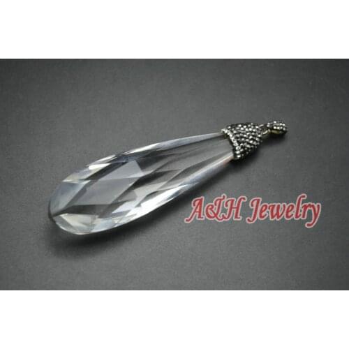 5cps High Quality 70mm Long Shape Faceted Transparency Glass Water Drop With Rhinestone Paved Fashion Women Pendants