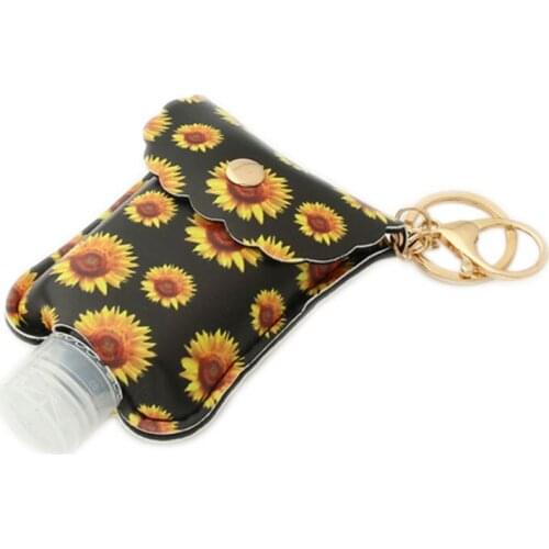 Sunflower Printed Leather Hand Sanitizer Bottles Keychain with Empty Bottle Cover Wholesale
