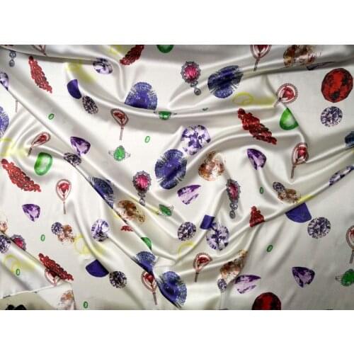 White botton Jewellery print silk fabric Brand Stretch Satin 97% Mulberry chinese silk fabric Cheongsam dress tissu Wholesale