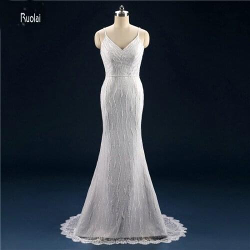 Robe de mariee Beach Mermaid Wedding Dresses 2018 V-Neck Beading Spaghetti Straps Lace Wedding Gowns vestido de noiva