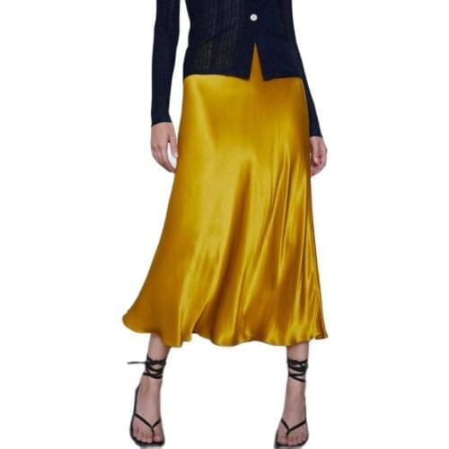 2020 Spring Summer Women High Waist Satin Skirt Metallic Color Long Skirt Shiny Silk Imitation Midi Skirt Silver Yellow