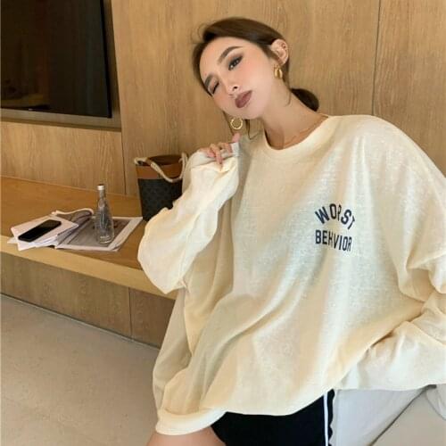 Fashion Solid Y2k Letter Print T-shirt Womens Summer Autumn Loose Korean Medium Long Pullover Loose Oversized Navy Top