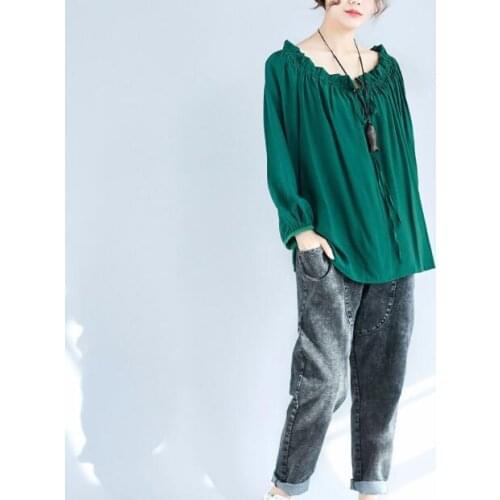 Women chiffon One-line neck blouse loose nine-point sleeves top