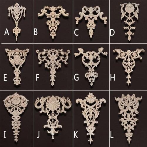 1PC For Home Furniture Wall Cabinet Door Decor Crafts Wood Carved Decal Corner Onlay Applique Vintage Unpainted "D" 19*12*0.8