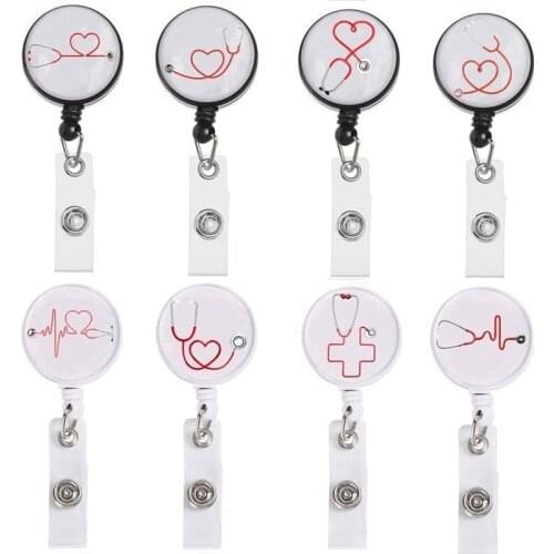 10pcs/lot Unisex Women Mens Nurse Doctor Medical Care Workers Love Heart Stethoscope Retractable Badge Reel Brooches Card Holder