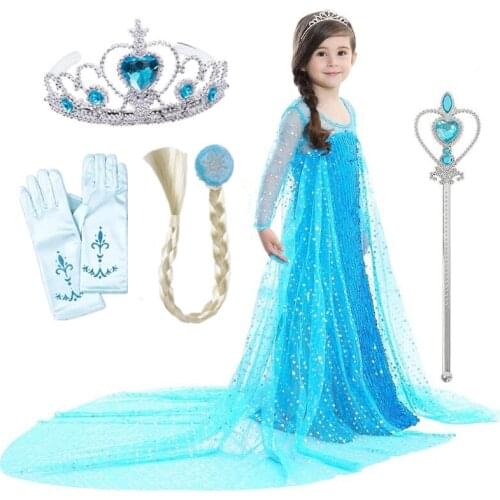 2020 Elsa Dresses for Girls Princess Elsa Costumes Party Cosplay Elza Vestidos Magic Wand Accessories Set Children Girls Dress