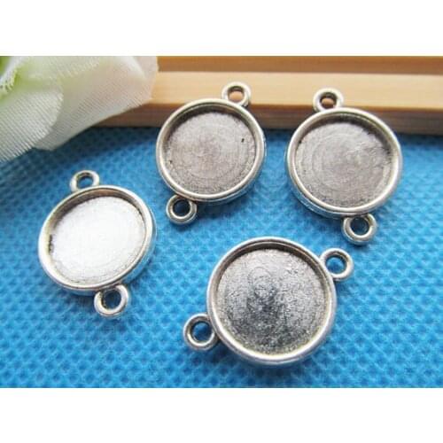 25pcs Antique Silver/Bronze Base Setting Tray Bezel Charm/Finding,fit 12mm Round Cabochon/Cameo,Double Same Side,Two Loops