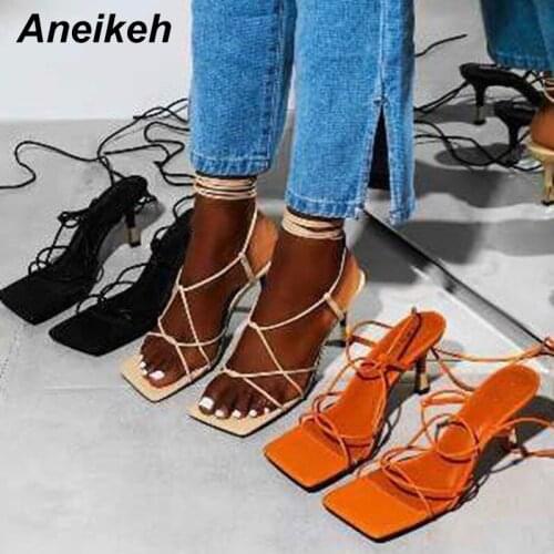 Aneikeh 2020 Summer Shoes For Women Sandals Sexy PU Thin Heels Cross-Tied Rome Party Ankle Strap Lace-Up Size 35-41 Sandalias