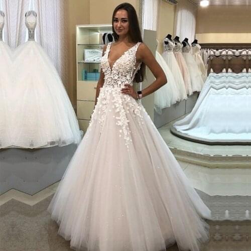 ANGELSBRIDEP Deep V-Neck Tulle Wedding Dress Summer Style Vestidos De Noiva Pretty Flowers Floor-Length Formal Bride Dress