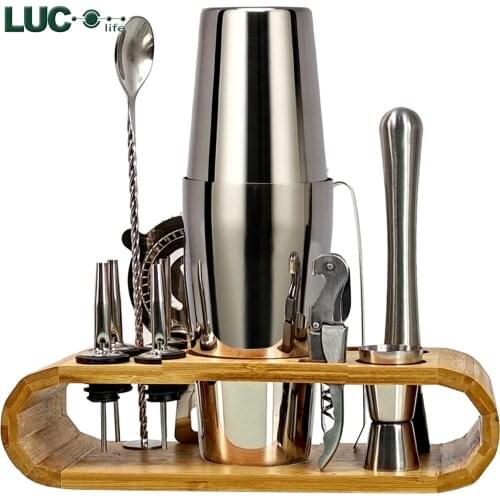 Bartender Boston cocktail shaker 12-piece set oval bamboo stand bar tools