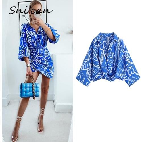 Blue Criss Cross Top Three Quarter Sleeve Turn Down Collar Sexy Blouse Uniform Casual ladies Chic Shirts Za 2021 Women Snican