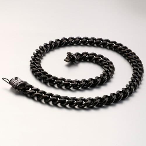 Black 316L Stainless steel Cuban curb chain necklace Full Crystals CZ Clasp Mens jewelry 11mm 24