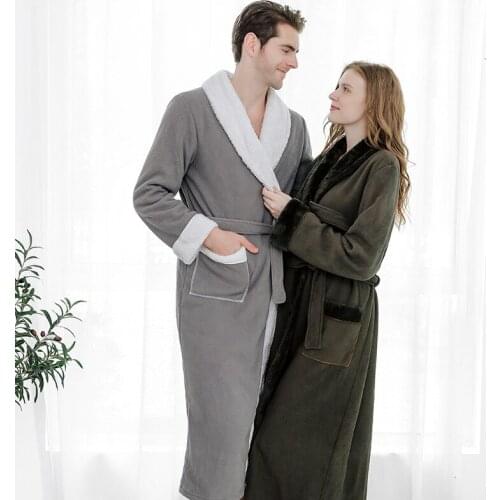 Double Layer Thickened Contrast Color Bathrobe Women Winter Japanese Style Long Nightgown Lovers Flannel Pajamas Home Clothes